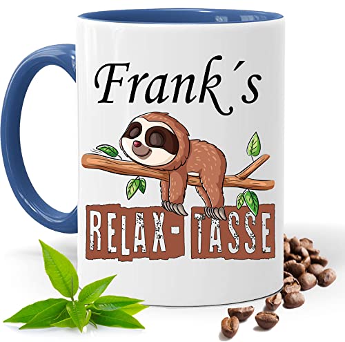 Relax Tasse mit Namen | Lustige bedruckte Tasse mit Faultier & Spruch | Personalisiert | Geschenk Idee| Kaffee Tee Tasse | Fototasse, Motivtasse | Kaffeetasse, Teetasse |Keramik (Blau) von Print Deluxe