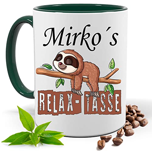 Relax Tasse mit Namen | Lustige bedruckte Tasse mit Faultier & Spruch | Personalisiert | Geschenk Idee| Kaffee Tee Tasse | Fototasse, Motivtasse | Kaffeetasse, Teetasse |Keramik (Grün) von Print Deluxe