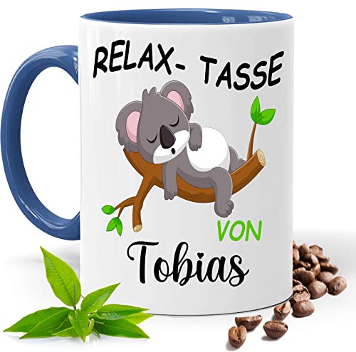 Relax Tasse mit Namen | Lustige bedruckte Tasse mit Koala & Spruch | Personalisiert | Geschenk Idee| Kaffee Tee Tasse | Fototasse, Motivtasse | Kaffeetasse, Teetasse |Keramik (Blau) von Print Deluxe