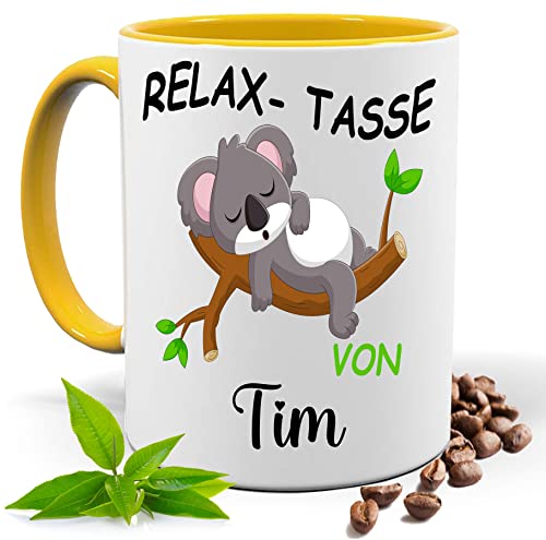 Relax Tasse mit Namen | Lustige bedruckte Tasse mit Koala & Spruch | Personalisiert | Geschenk Idee| Kaffee Tee Tasse | Fototasse, Motivtasse | Kaffeetasse, Teetasse |Keramik (Gelb) von Print Deluxe