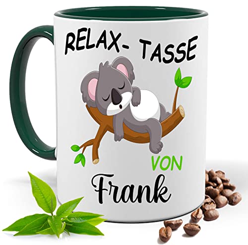 Relax Tasse mit Namen | Lustige bedruckte Tasse mit Koala & Spruch | Personalisiert | Geschenk Idee| Kaffee Tee Tasse | Fototasse, Motivtasse | Kaffeetasse, Teetasse |Keramik (Grün) von Print Deluxe