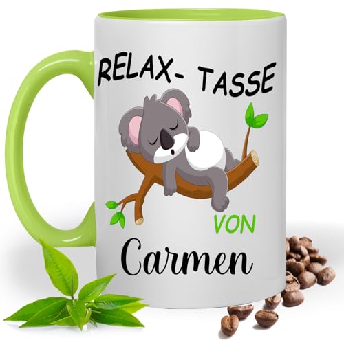 Relax Tasse mit Namen | Lustige bedruckte Tasse mit Koala & Spruch | Personalisiert | Geschenk Idee| Kaffee Tee Tasse | Fototasse, Motivtasse | Kaffeetasse, Teetasse |Keramik (Hellgrün) von Print Deluxe