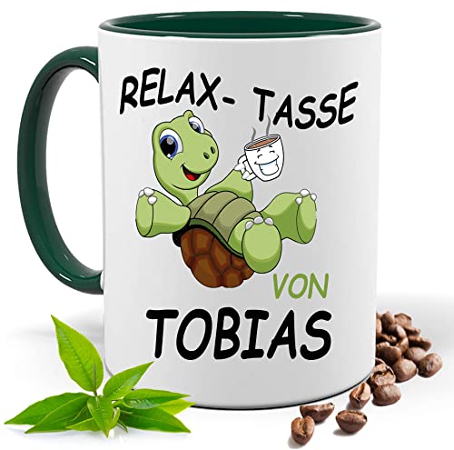 Relax Tasse mit Namen | Lustige bedruckte Tasse mit Schildkröte & Spruch | Personalisiert | Geschenk Idee| Kaffee Tee Tasse | Fototasse, Motivtasse | Kaffeetasse, Teetasse |Keramik (Grün) von Print Deluxe