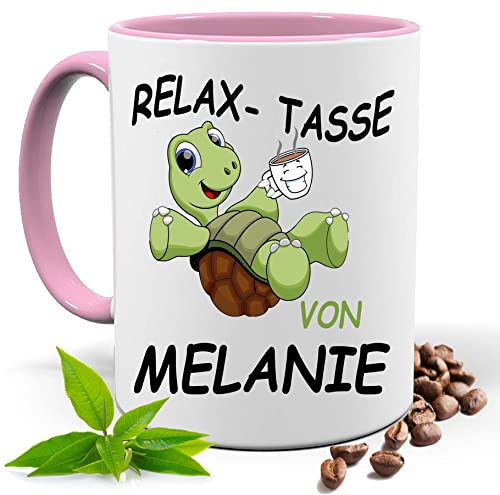 Relax Tasse mit Namen | Lustige bedruckte Tasse mit Schildkröte & Spruch | Personalisiert | Geschenk Idee| Kaffee Tee Tasse | Fototasse, Motivtasse | Kaffeetasse, Teetasse |Keramik (Rosa) von Print Deluxe