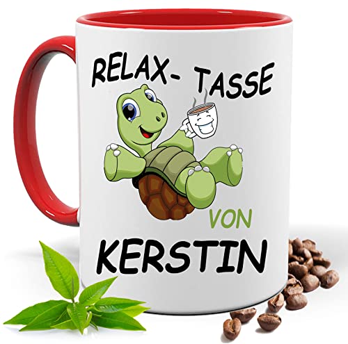 Relax Tasse mit Namen | Lustige bedruckte Tasse mit Schildkröte & Spruch | Personalisiert | Geschenk Idee| Kaffee Tee Tasse | Fototasse, Motivtasse | Kaffeetasse, Teetasse |Keramik (Rot) von Print Deluxe