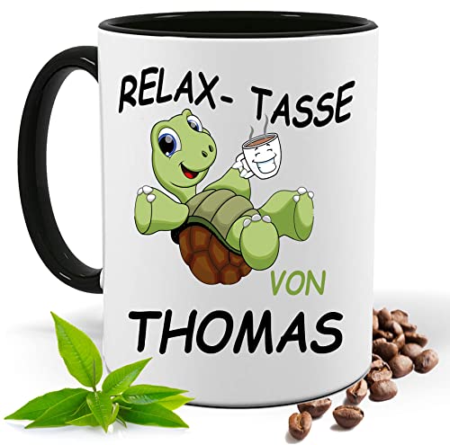 Relax Tasse mit Namen | Lustige bedruckte Tasse mit Schildkröte & Spruch | Personalisiert | Geschenk Idee| Kaffee Tee Tasse | Fototasse, Motivtasse | Kaffeetasse, Teetasse |Keramik (Schwarz) von Print Deluxe