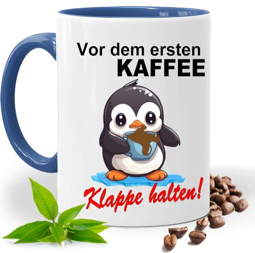 Tasse mit Lustigem Spruch Vor dem ersten Kaffee Klappe halten!, Pinguin |Geschenk Idee| Kaffee Tee Tasse | Fototasse, Motivtasse |Keramik (Blau) von Print Deluxe