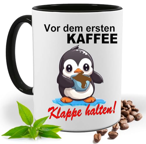 Tasse mit Lustigem Spruch Vor dem ersten Kaffee Klappe halten!, Pinguin |Geschenk Idee| Kaffee Tee Tasse | Fototasse, Motivtasse |Keramik (Schwarz) von Print Deluxe