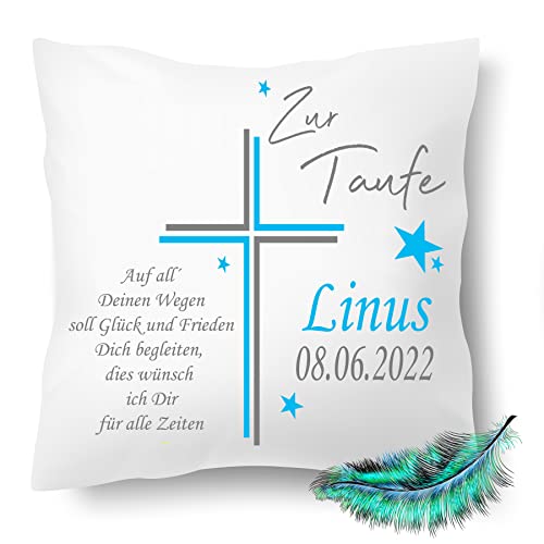 Taufkissen, Personalisierbares Kissen bedrucktes zur Taufe für Jungen und Mädchen, mit Namen, Datum, eigenem Taufspruch, Geschenk,| Dekokissen,| Kuschelkissen 40X40 (mit Kissenfüllung, Blau) von Print Deluxe