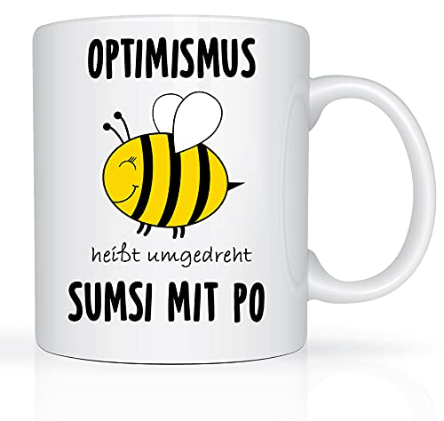 Print-Klex Lustige süße Tasse mit spruch Optimismus heißt umgedreht Sumsi mit Po - beidseitig bedruckt - Optimismustasse Biene Weiß Bürotasse für Kollegen Mitarbeiter Freund Freundin Keramik 330ml von Print-Klex GmbH & Co.KG