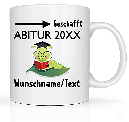 Print-Klex Tasse mit Namen und Abitur Motiv Bedruckt Namentasse Namensbecher mit Abitur Motiv Geschenktasse Weiß Kaffeebecher Geschenk Becher Spruchtasse Keramik mit Druck 330ml Tasse mit Text von Print-Klex GmbH & Co.KG