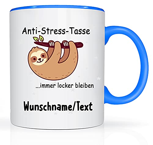 Print-Klex Tasse mit Namen und Anti Stress Motiv Bedruckt Namentasse Namensbecher mit Anti Stress Motiv Geschenktasse Weiß/Blau Kaffeebecher Spruchtasse Keramik mit Druck 330ml Tasse mit Text von Print-Klex GmbH & Co.KG