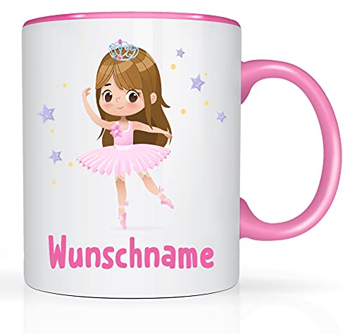 Print-Klex Tasse mit Namen und Ballerina Motiv Bedruckt Namentasse Namensbecher prima Ballerina braun für Mädchen Kindertasse Weiß/Rosa Spruchtasse Keramik mit Druck 330ml von Print-Klex GmbH & Co.KG