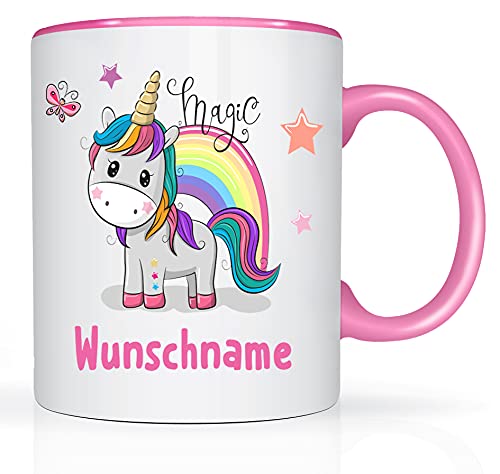 Print-Klex Tasse mit Namen und Einhorn Motiv Bedruckt Namentasse Namensbecher Einhorn mit Regenbogen und Sternen für Mädchen Kindertasse Weiß/Rosa Unicorn Spruchtasse Keramik mit Druck 330ml von Print-Klex GmbH & Co.KG