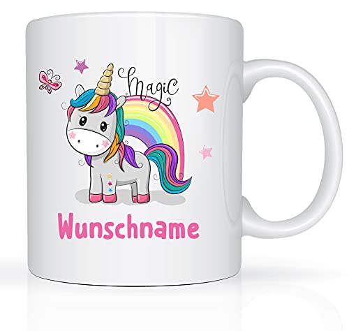 Print-Klex Tasse mit Namen und Einhorn Motiv Bedruckt Namentasse Namensbecher Einhorn mit Regenbogen und Sternen für Mädchen Kindertasse Weiß Unicorn Spruchtasse Keramik mit Druck 330ml von Print-Klex GmbH & Co.KG