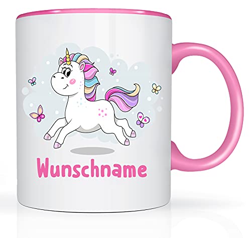 Print-Klex Tasse mit Namen und Einhorn Motiv Bedruckt Namentasse Namensbecher springender Einhorn mit Schmetterlingen für Mädchen Kindertasse Weiß/Rosa Unicorn Spruchtasse Keramik mit Druck 330ml von Print-Klex GmbH & Co.KG