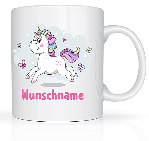 Print-Klex Tasse mit Namen und Einhorn Motiv Bedruckt Namentasse Namensbecher springender Einhorn mit Schmetterlingen für Mädchen Kindertasse Weiß Unicorn Spruchtasse Keramik mit Druck 330ml von Print-Klex GmbH & Co.KG