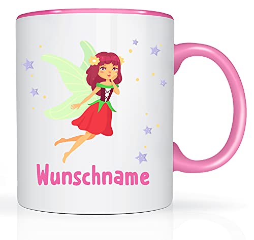 Print-Klex Tasse mit Namen und Fee Motiv Bedruckt Namentasse Namensbecher Feemotiv mit grünen Flügeln für Mädchen Kindertasse Weiß/Rosa Spruchtasse Keramik mit Druck 330ml von Print-Klex GmbH & Co.KG