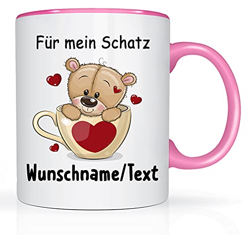 Print-Klex Tasse mit Namen und Für mein Schatz Motiv Bedruckt Namentasse Namensbecher Für mein Schatz Geschenktasse Weiß/Rosa Kaffeebecher Spruchtasse Keramik mit Druck 330ml Tasse mit Text von Print-Klex GmbH & Co.KG