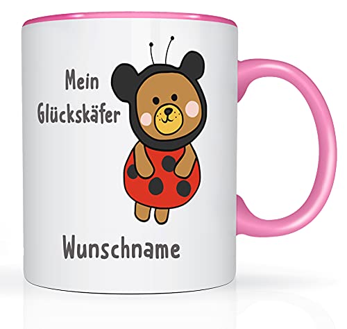 Print-Klex Tasse mit Namen und Glückskäfer Motiv Bedruckt Namenstasse Namensbecher Glückskäfer für Mädchen Kindertasse Keramiktasse Weiß/Rosa Geschenktasse Spruchtasse mit Druck Kinder Tasse 330ml von Print-Klex GmbH & Co.KG