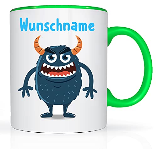 Print-Klex Tasse mit Namen und Grünen Monster Blau Motiv Bedruckt Namenstasse Namensbecher Monster für Jungen Kindertasse Keramiktasse Weiß/Grün Geschenktasse Spruchtasse mit Druck Kinder Tasse 330ml von Print-Klex GmbH & Co.KG