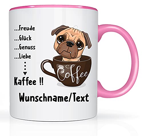 Print-Klex Tasse mit Namen und Kaffee/Hund Motiv Bedruckt Namentasse Namensbecher mit süßem Kaffee-Hund Motiv Geschenktasse Weiß/Rosa Kaffeebecher Spruchtasse Keramik mit Druck 330ml Tasse mit Text von Print-Klex GmbH & Co.KG