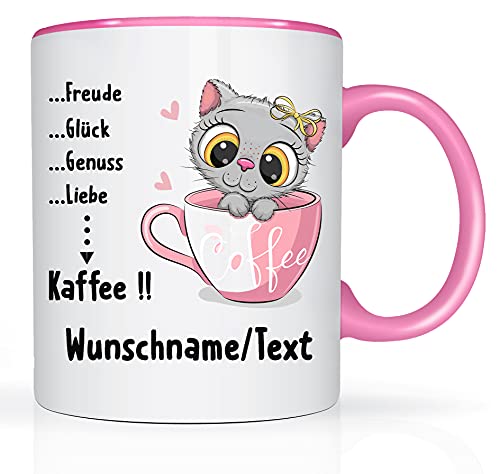 Print-Klex Tasse mit Namen und Kaffee/Katze Motiv Bedruckt Namentasse Namensbecher mit süßem grauen Katzen Motiv Geschenktasse Weiß/Rosa Kaffeebecher Spruchtasse Keramik mit Druck 330ml Tasse mit Text von Print-Klex GmbH & Co.KG