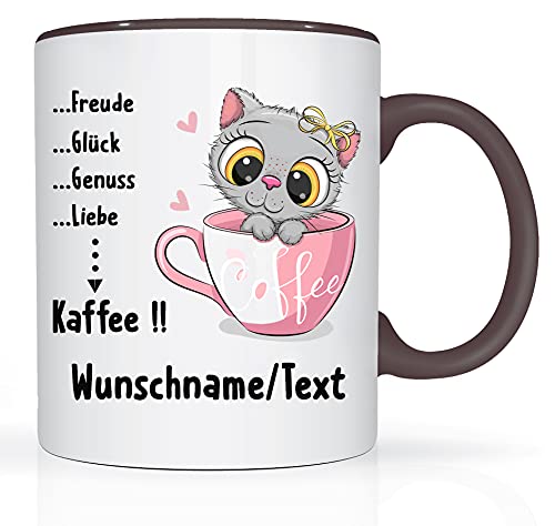 Print-Klex Tasse mit Namen und Kaffee/Katze Motiv Bedruckt Namentasse Namensbecher mit süßem grauen Katzen Motiv Geschenktasse Weiß/Schwarz Kaffeebecher Keramik mit Druck 330ml Tasse mit Text von Print-Klex GmbH & Co.KG