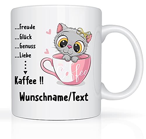 Print-Klex Tasse mit Namen und Kaffee/Katze Motiv Bedruckt Namentasse Namensbecher mit süßem grauen Katzen Motiv Geschenktasse Weiß Kaffeebecher Spruchtasse Keramik mit Druck 330ml Tasse mit Text von Print-Klex GmbH & Co.KG