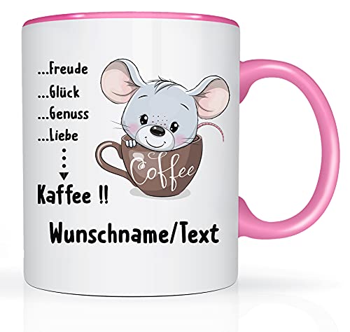 Print-Klex Tasse mit Namen und Kaffee/Maus Motiv Bedruckt Namentasse Namensbecher mit süßem Kaffee-Maus Motiv Geschenktasse Weiß/Rosa Kaffeebecher Spruchtasse Keramik mit Druck 330ml Tasse mit Text von Print-Klex GmbH & Co.KG