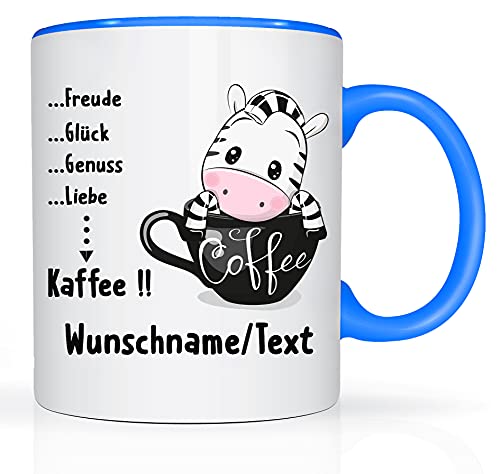 Print-Klex Tasse mit Namen und Kaffee/Zebra Motiv Bedruckt Namentasse Namensbecher mit süßem Kaffee-Zebra Motiv Geschenktasse Weiß/Blau Kaffeebecher Spruchtasse Keramik mit Druck 330ml Tasse mit Text von Print-Klex GmbH & Co.KG