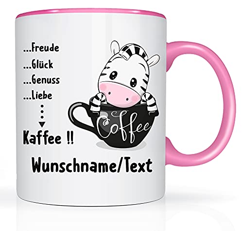 Print-Klex Tasse mit Namen und Kaffee/Zebra Motiv Bedruckt Namentasse Namensbecher mit süßem Kaffee-Zebra Motiv Geschenktasse Weiß/Rosa Kaffeebecher Spruchtasse Keramik mit Druck 330ml Tasse mit Text von Print-Klex GmbH & Co.KG