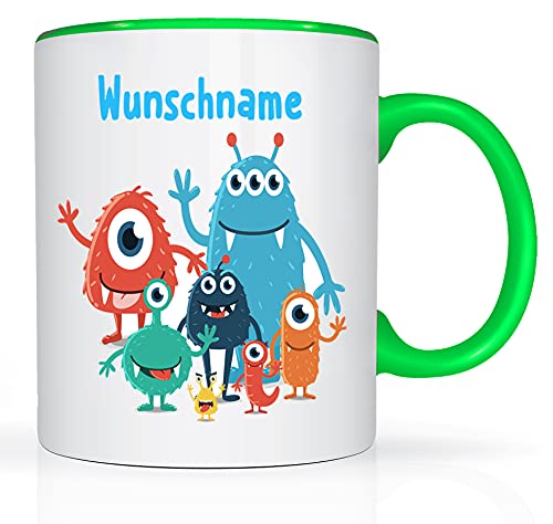 Print-Klex Tasse mit Namen und Monster Party Motiv Bedruckt Namenstasse Namensbecher Monster für Jungen Kindertasse Keramiktasse Weiß/Grün Geschenktasse Spruchtasse Monsterfamilie Tasse 330ml von Print-Klex GmbH & Co.KG