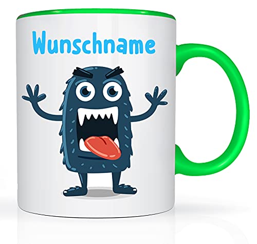 Print-Klex Tasse mit Namen und Monster Schreck Motiv Bedruckt Namenstasse Namensbecher Monster für Jungen Kindertasse Keramiktasse Weiß/Grün Geschenktasse Spruchtasse mit Druck Kinder Tasse 330ml von Print-Klex GmbH & Co.KG