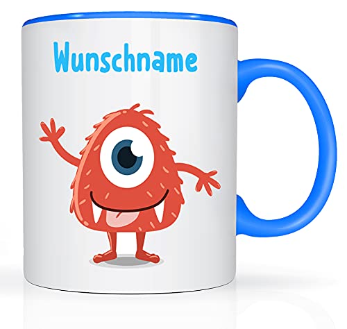 Print-Klex Tasse mit Namen und Orangenen Monster Auge Motiv Bedruckt Namenstasse Namensbecher Monster für Jungen Kindertasse Keramiktasse Weiß/Blau Geschenktasse Spruchtasse Kinder Tasse 330ml von Print-Klex GmbH & Co.KG