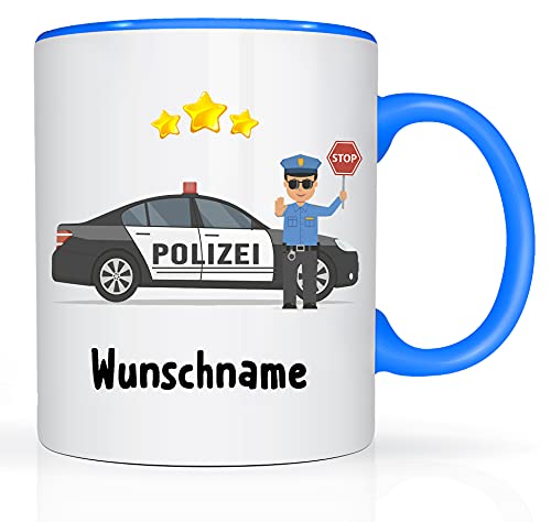 Print-Klex Tasse mit Namen und Polizeiauto Motiv Bedruckt Namenstasse Namensbecher Polizeitasse für Jungen Kindertasse Keramiktasse Weiß/Blau Geschenktasse Spruchtasse mit Druck Kinder Tasse 330ml von Print-Klex GmbH & Co.KG