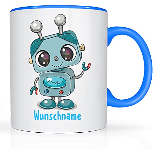 Print-Klex Tasse mit Namen und Roboter Kind Motiv Bedruckt Namenstasse Robo Tasse für Jungen Kindertasse Keramiktasse Weiß/Blau Geschenkbecher Spruchtasse Keramik mit Druck Kinder Tasse 330ml von Print-Klex GmbH & Co.KG