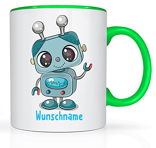 Print-Klex Tasse mit Namen und Roboter Kind Motiv Bedruckt Namenstasse Robo Tasse für Jungen Kindertasse Keramiktasse Weiß/Grün Geschenkbecher Spruchtasse Keramik mit Druck Kinder Tasse 330ml von Print-Klex GmbH & Co.KG