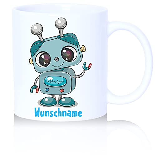 Print-Klex Tasse mit Namen und Roboter Kind Motiv Bedruckt Namenstasse Robo Tasse für Jungen Kindertasse Keramiktasse Weiß Geschenktasse Geschenkbecher Keramik mit Druck Kinder Tasse 330ml von Print-Klex GmbH & Co.KG