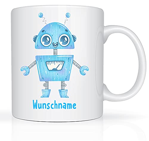 Print-Klex Tasse mit Namen und Roboter Mann Motiv Bedruckt Namenstasse Namensbecher Robotasse für Jungen Kindertasse Keramiktasse Weiß Geschenktasse Spruchtasse Keramik mit Druck Tasse 330ml von Print-Klex GmbH & Co.KG