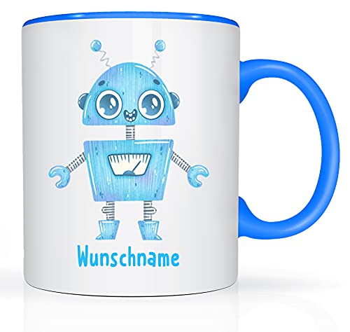 Print-Klex Tasse mit Namen und Roboter Mann Motiv Bedruckt Namenstasse Robotasse für Jungen Kindertasse Keramiktasse Weiß/Blau Geschenktasse Spruchtasse Keramik mit Druck Kinder Tasse 330ml von Print-Klex GmbH & Co.KG