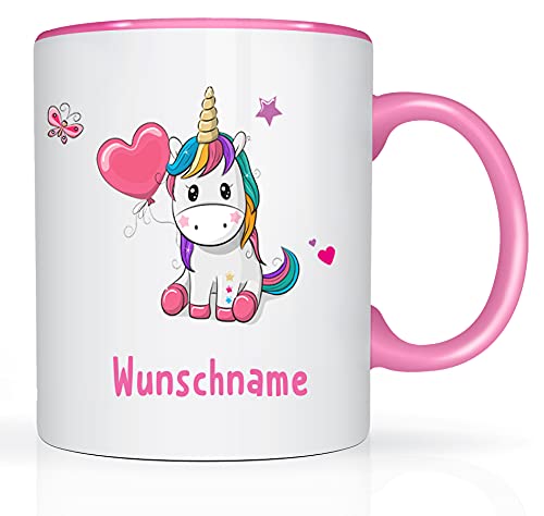 Tasse mit Namen und Einhorn Motiv Bedruckt Namentasse Namensbecher Einhorn mit Herz für Mädchen Kindertasse Weiß/Rosa Unicorn Geschenktasse Spruchtasse Keramik mit Druck Kinder Tasse 330ml von Print-Klex GmbH & Co.KG