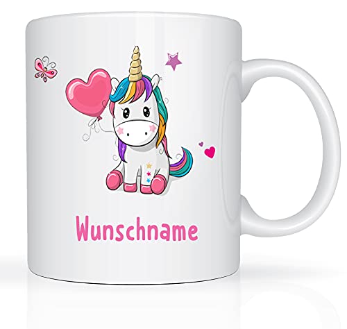 Tasse mit Namen und Einhorn Motiv Bedruckt Namentasse Namensbecher Einhorn mit Herz für Mädchen Kindertasse Weiß Unicorn Unisize Geschenktasse Spruchtasse Keramik mit Druck Kinder Tasse 330ml von Print-Klex GmbH & Co.KG