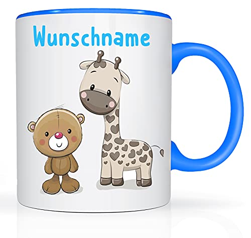 Tasse mit Namen und Teddy/Giraffen Motiv Bedruckt Namentasse Namensbecher Teddy und Giraffenmotiv für Jungen Kindertasse Keramiktasse Weiß/Blau Geschenktasse Geschenkbecher Keramik mit Druck 330ml von Print-Klex GmbH & Co.KG