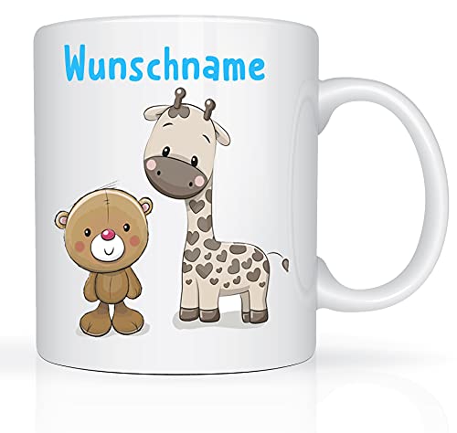 Tasse mit Namen und Teddy/Giraffen Motiv Bedruckt Namentasse Teddy und Giraffenmotiv für Jungen Kindertasse Weiß Geschenktasse Geschenkbecher Spruchtasse Keramik mit Druck Kinder Tasse 330ml von Print-Klex GmbH & Co.KG