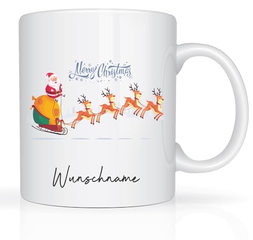 Print-Klex Tasse mit Namen und Merry Christmas Motiv Bedruckt Namentasse Namensbecher Xmas Geschenktasse Weiß Kaffeebecher Teetasse Weihnachtstasse Keramik mit Druck 330ml Tasse mit Text von Print-Klex GmbH & Co.KG