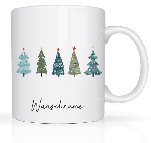 Print-Klex Tasse mit Namen und Tannenbäume Motiv Bedruckt Namentasse Namensbecher Xmas Geschenktasse Weiß Kaffeebecher Weihnachtstasse Keramik mit Druck 330ml Tasse zu Weihnachten Weihnachtsbecher von Print-Klex GmbH & Co.KG