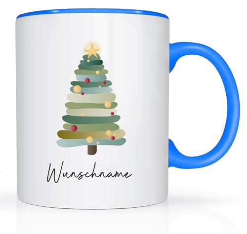 Print-Klex Tasse mit Namen und Weinachtsbaum Motiv Bedruckt Namentasse Namensbecher Xmas Geschenktasse Weiß/Blau Kaffeebecher Teetasse Weihnachtstasse Keramik mit Druck 330ml Tasse mit Text von Print-Klex GmbH & Co.KG