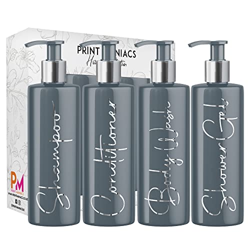 Print Maniacs Graue Mrs Hinch inspirierte personalisierte 500 ml Pumpflaschen Badezimmer Lotion Küche Set Shampoo Conditioner Body Wash F2 (Silber, Set 3 + Duschgel) von Print Maniacs