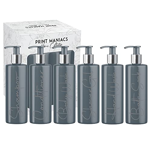 Print Maniacs Grey Mrs Hinch inspirierte personalisierte 500 ml Pumpflaschen Badezimmer Lotion Küche Set Shampoo Conditioner Body Wash F2 (grau, Set von 6) von Print Maniacs